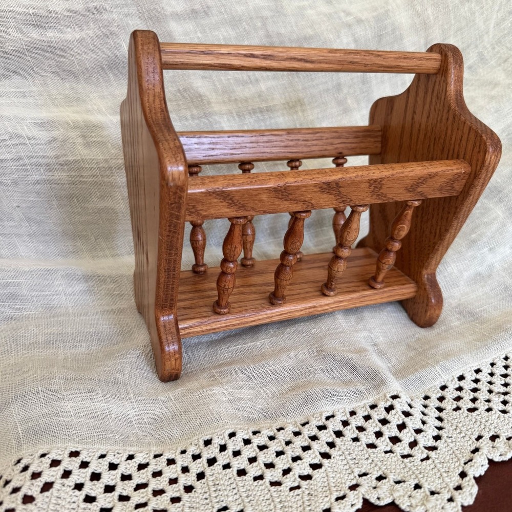 Vintage Wooden Spindle Napkin Holder Letter Rack Oak Finish Farmhouse Decor MCM